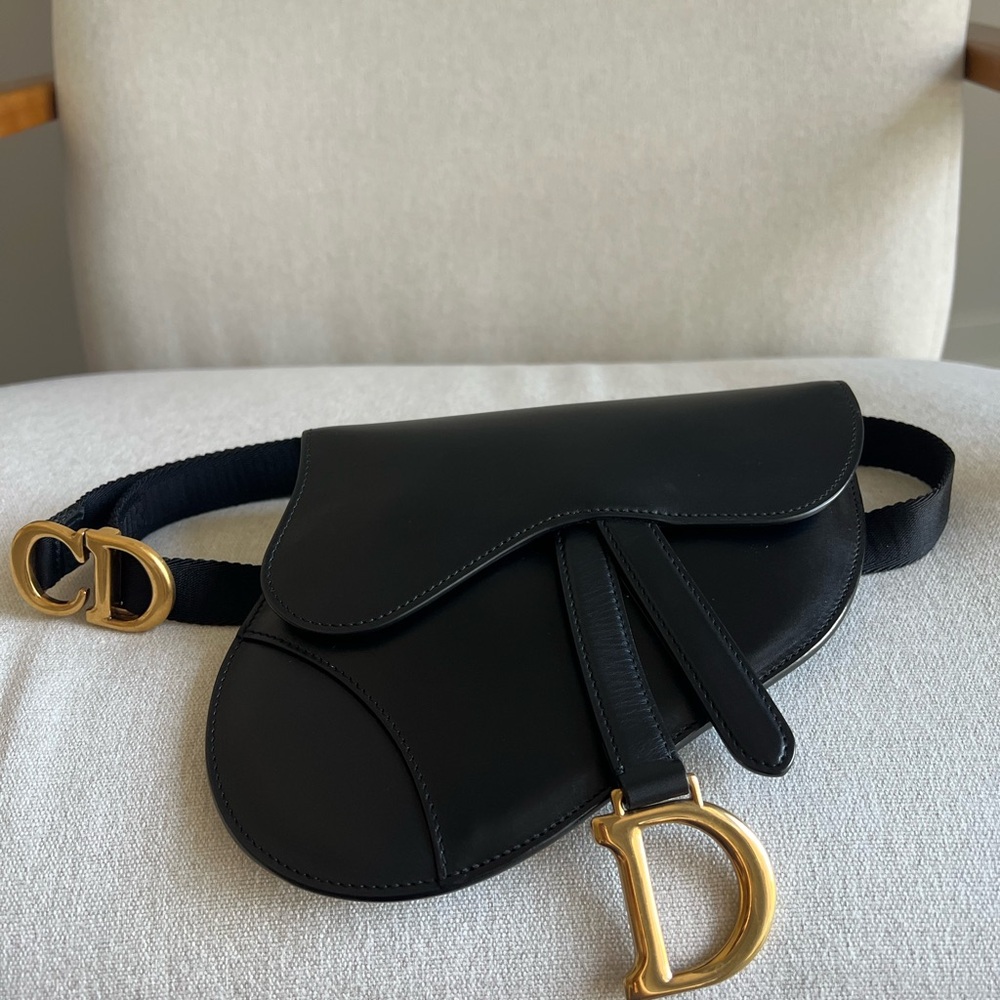 Christian Dior Black Saddle Bag with Gold Accents